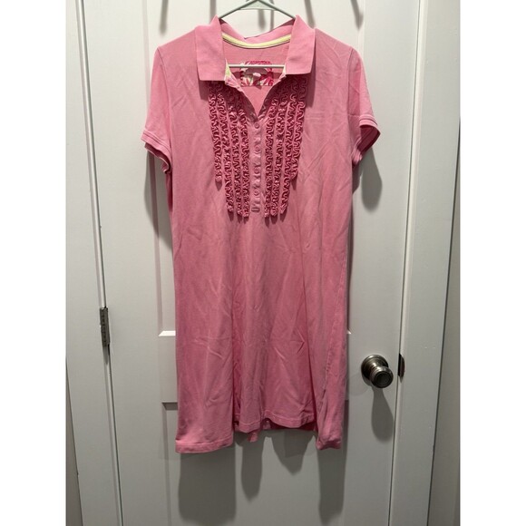 Lilly Pulitzer Collared Short Sleeve Ruffle Neck Shirt Dress Pink Casual Preppy - Picture 1 of 5